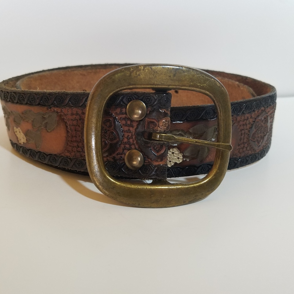Hand Tooled Brown Leather Belt